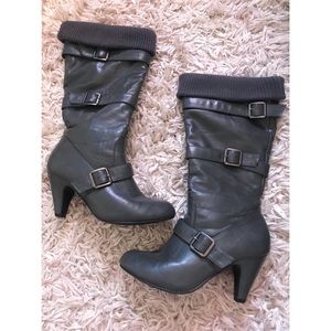 Dark Gray Buckle Heeled Boots